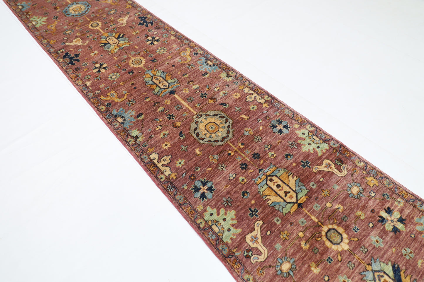 87 x 416 cm | Hallway Floral Pink Rug Afghan Hand Knotted Veg dye Wool carpet
