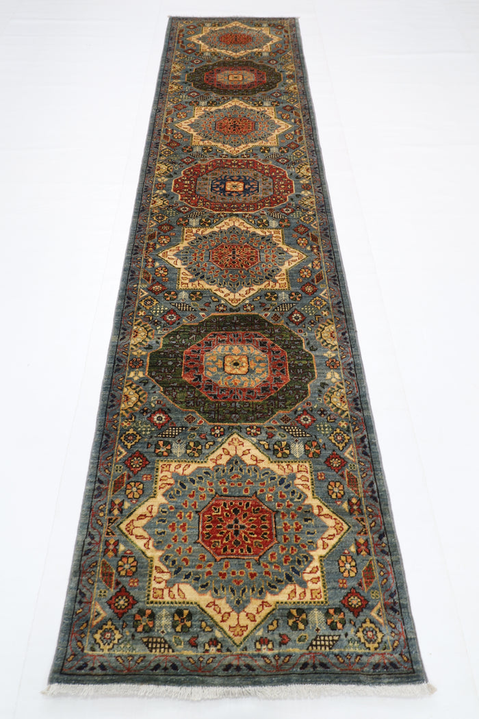 80 x 344 cm | Hallway Mamluk Blue Rug Afghan Hand Knotted Veg dye Wool carpet