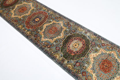 80 x 344 cm | Hallway Mamluk Blue Rug Afghan Hand Knotted Veg dye Wool carpet
