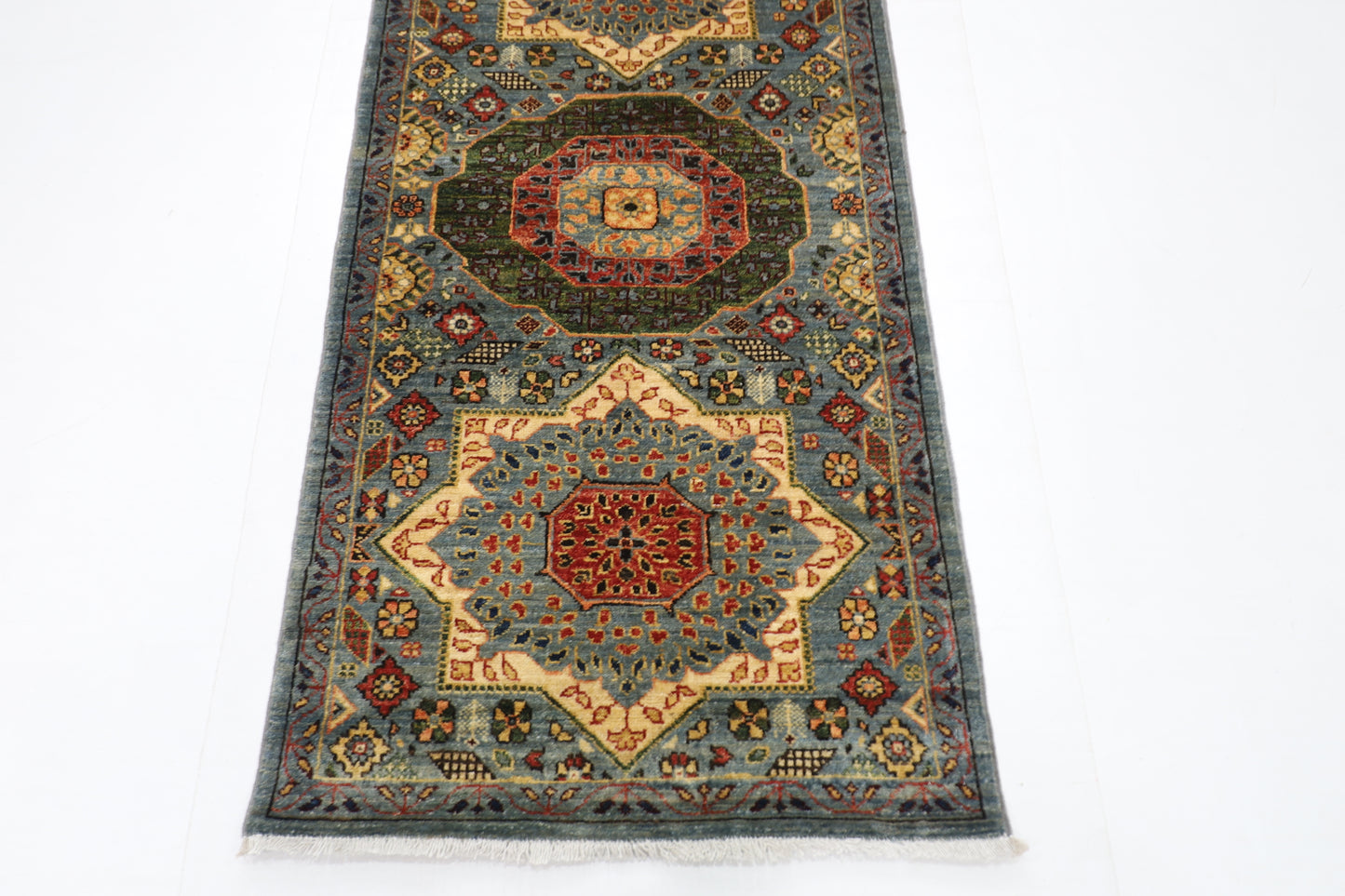 80 x 344 cm | Hallway Mamluk Blue Rug Afghan Hand Knotted Veg dye Wool carpet