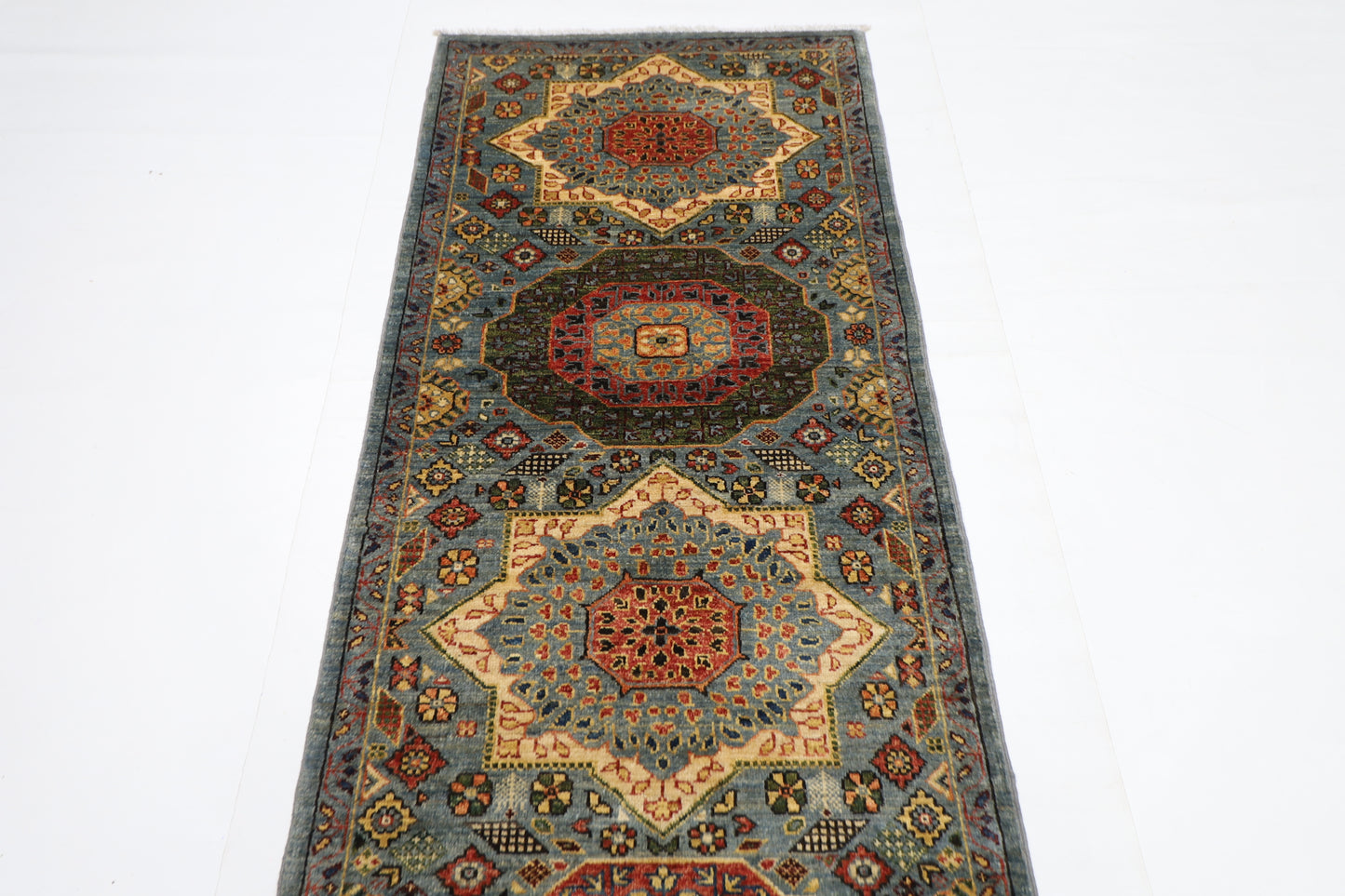 80 x 344 cm | Hallway Mamluk Blue Rug Afghan Hand Knotted Veg dye Wool carpet