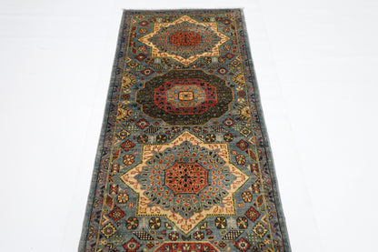 80 x 344 cm | Hallway Mamluk Blue Rug Afghan Hand Knotted Veg dye Wool carpet