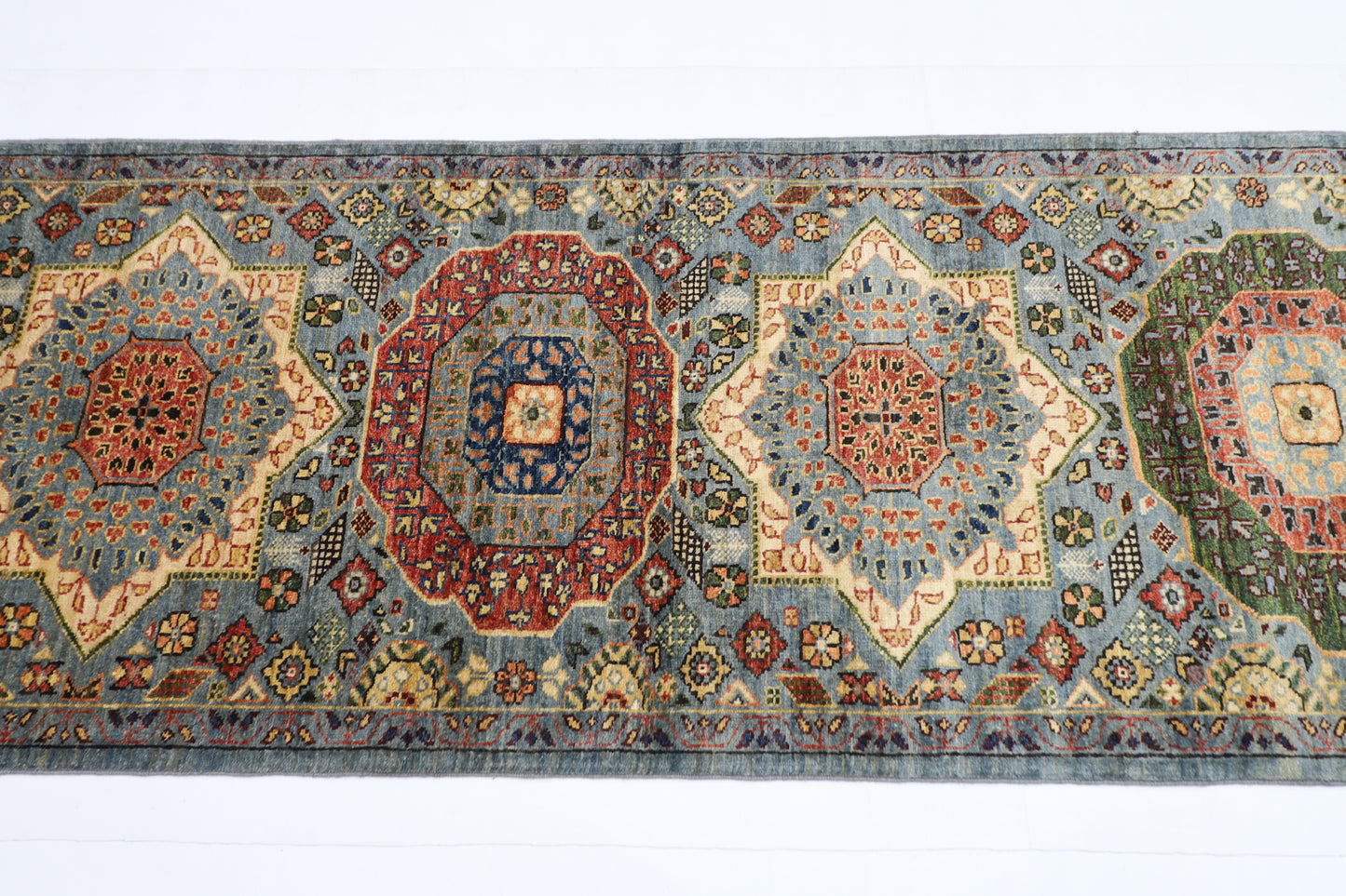 80 x 344 cm | Hallway Mamluk Blue Rug Afghan Hand Knotted Veg dye Wool carpet