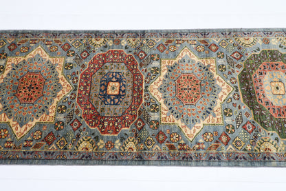 80 x 344 cm | Hallway Mamluk Blue Rug Afghan Hand Knotted Veg dye Wool carpet