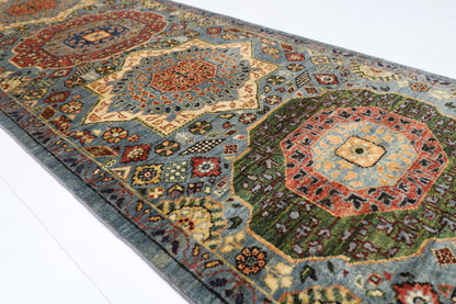 80 x 344 cm | Hallway Mamluk Blue Rug Afghan Hand Knotted Veg dye Wool carpet