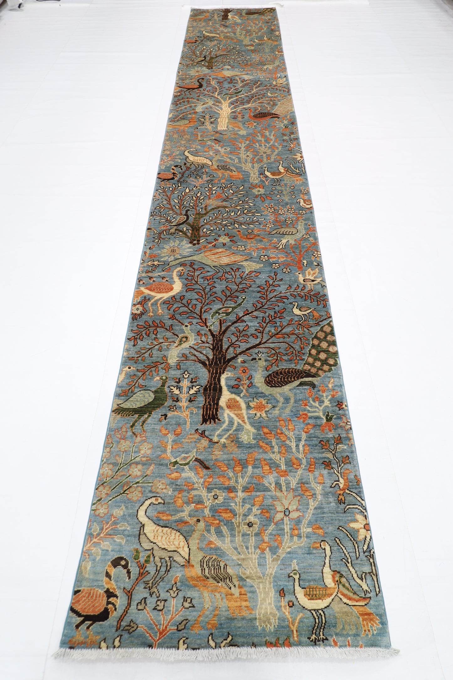 84 x 481 cm | Hallway large birds Blue Rug Afghan Hand Knotted Veg dye Wool carpet