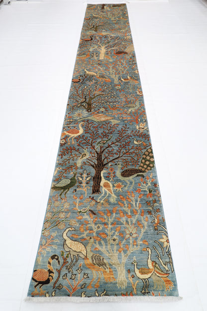 84 x 481 cm | Hallway large birds Blue Rug Afghan Hand Knotted Veg dye Wool carpet