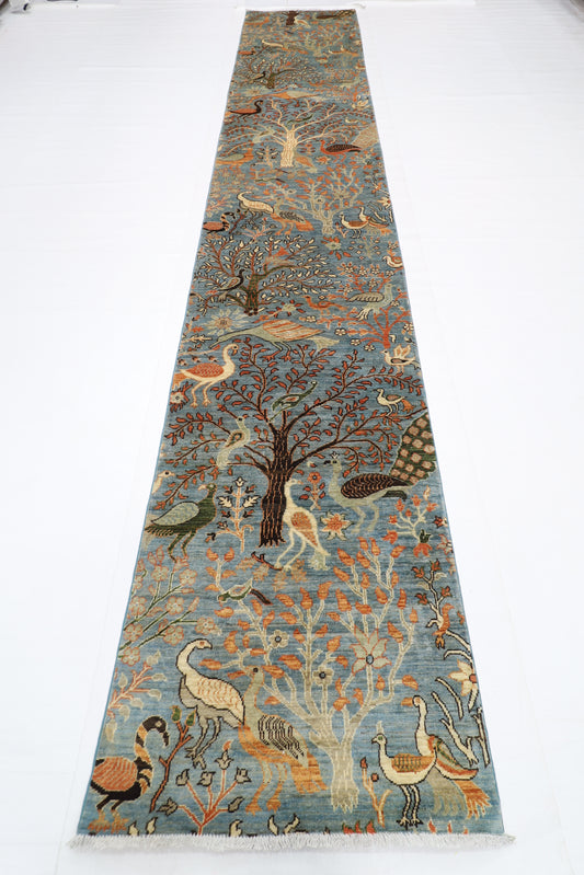 84 x 481 cm | Hallway large birds Blue Rug Afghan Hand Knotted Veg dye Wool carpet