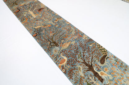 84 x 481 cm | Hallway large birds Blue Rug Afghan Hand Knotted Veg dye Wool carpet