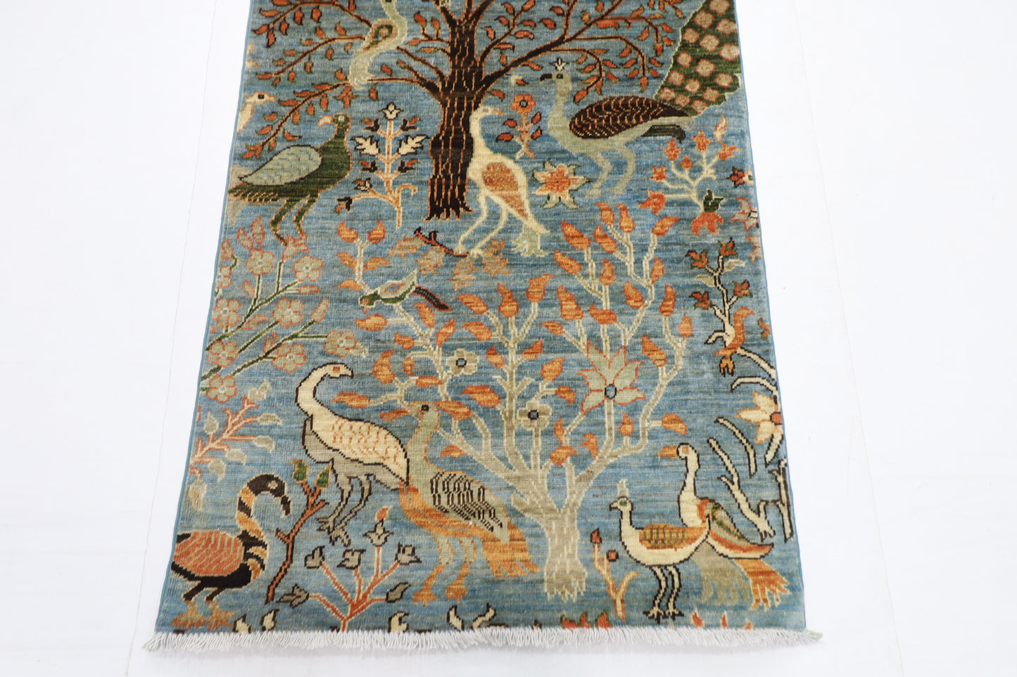84 x 481 cm | Hallway large birds Blue Rug Afghan Hand Knotted Veg dye Wool carpet
