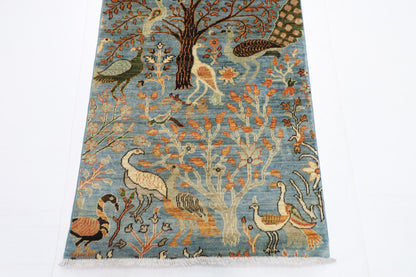 84 x 481 cm | Hallway large birds Blue Rug Afghan Hand Knotted Veg dye Wool carpet