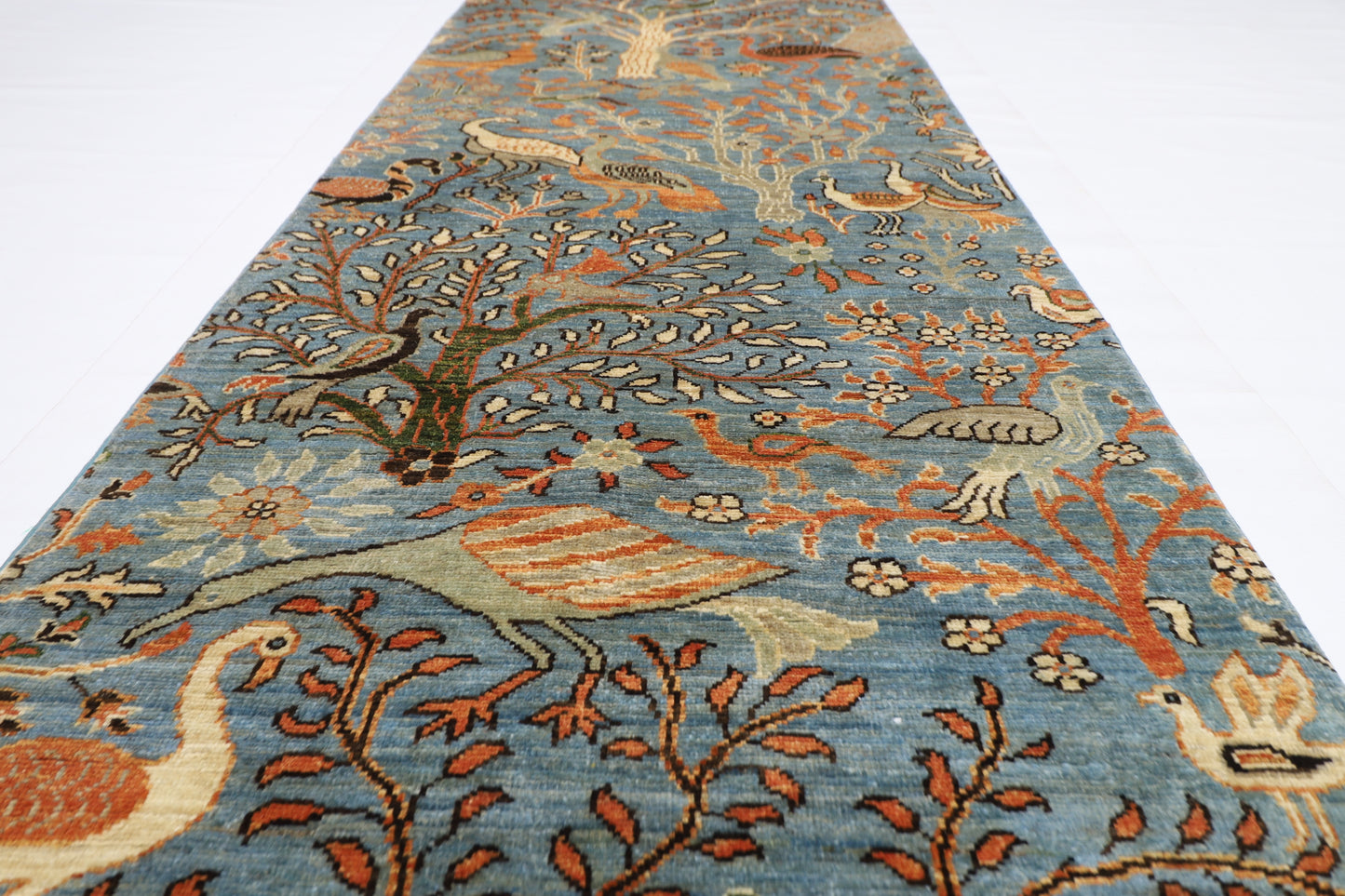 84 x 481 cm | Hallway large birds Blue Rug Afghan Hand Knotted Veg dye Wool carpet