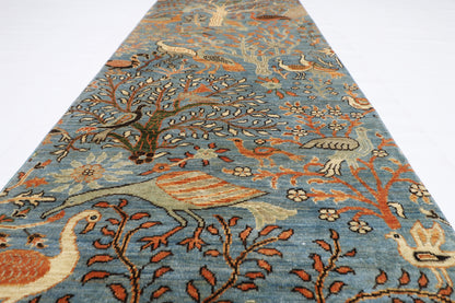 84 x 481 cm | Hallway large birds Blue Rug Afghan Hand Knotted Veg dye Wool carpet