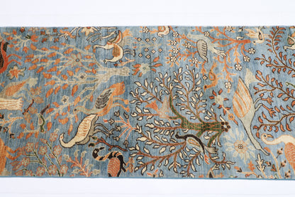 84 x 481 cm | Hallway large birds Blue Rug Afghan Hand Knotted Veg dye Wool carpet