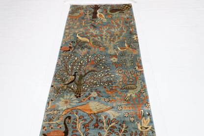 84 x 481 cm | Hallway large birds Blue Rug Afghan Hand Knotted Veg dye Wool carpet