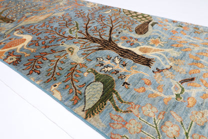 84 x 481 cm | Hallway large birds Blue Rug Afghan Hand Knotted Veg dye Wool carpet