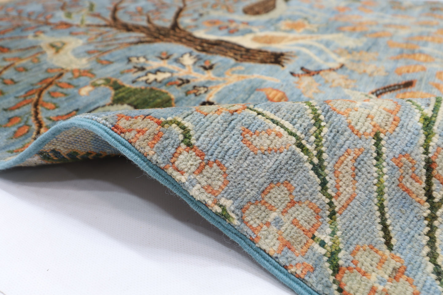 84 x 481 cm | Hallway large birds Blue Rug Afghan Hand Knotted Veg dye Wool carpet