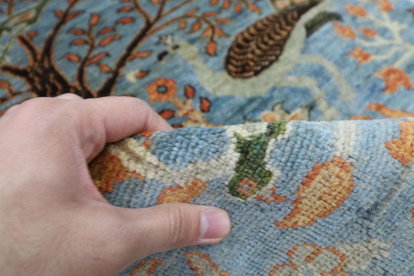 84 x 481 cm | Hallway large birds Blue Rug Afghan Hand Knotted Veg dye Wool carpet