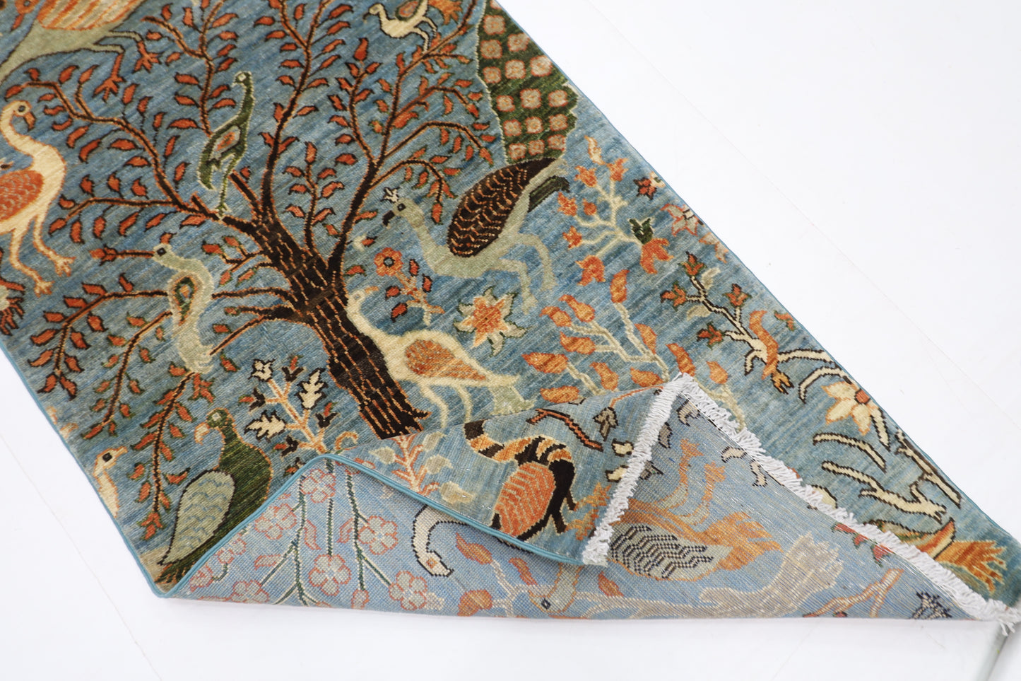 84 x 481 cm | Hallway large birds Blue Rug Afghan Hand Knotted Veg dye Wool carpet