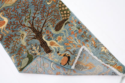 84 x 481 cm | Hallway large birds Blue Rug Afghan Hand Knotted Veg dye Wool carpet