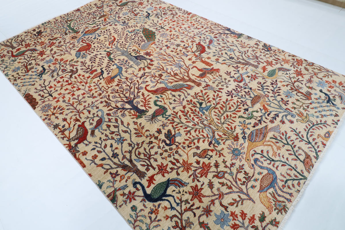 197 x 300 cm | Birds Beige Design Hand Knotted Wool Afghan Carpet