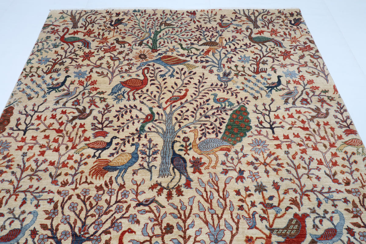 197 x 300 cm | Birds Beige Design Hand Knotted Wool Afghan Carpet