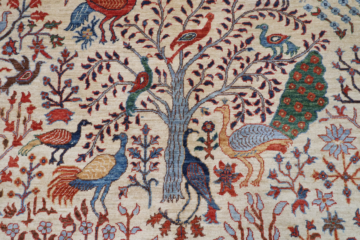 197 x 300 cm | Birds Beige Design Hand Knotted Wool Afghan Carpet