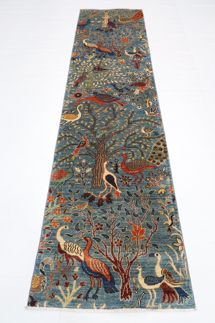 78 x 304 cm | Hallway birds Blue Rug Afghan Hand Knotted Veg dye Wool carpet