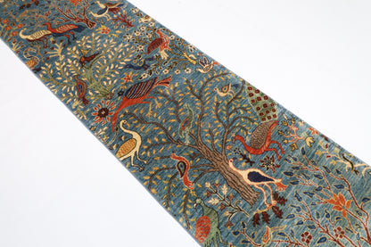 78 x 304 cm | Hallway birds Blue Rug Afghan Hand Knotted Veg dye Wool carpet