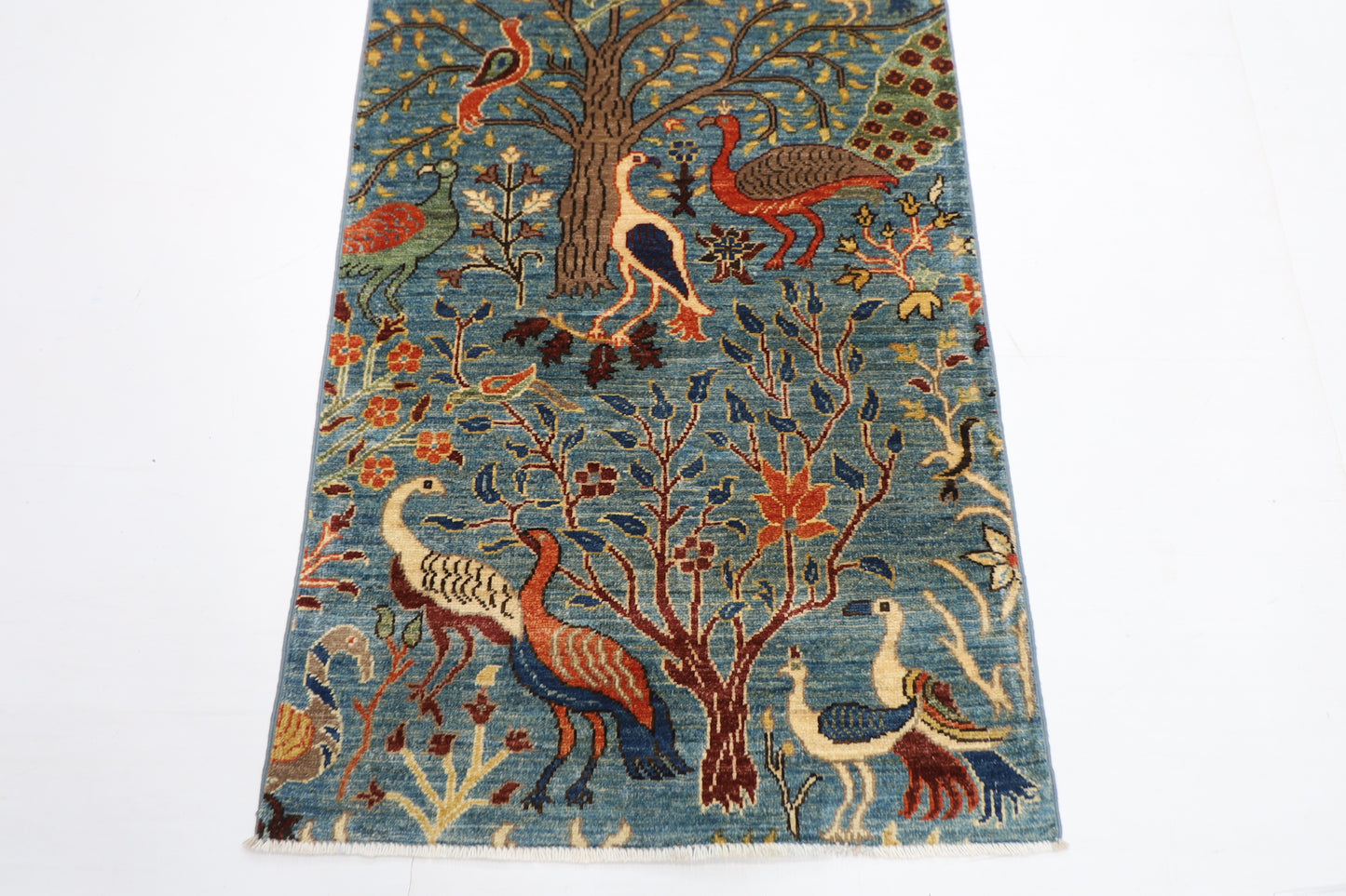 78 x 304 cm | Hallway birds Blue Rug Afghan Hand Knotted Veg dye Wool carpet