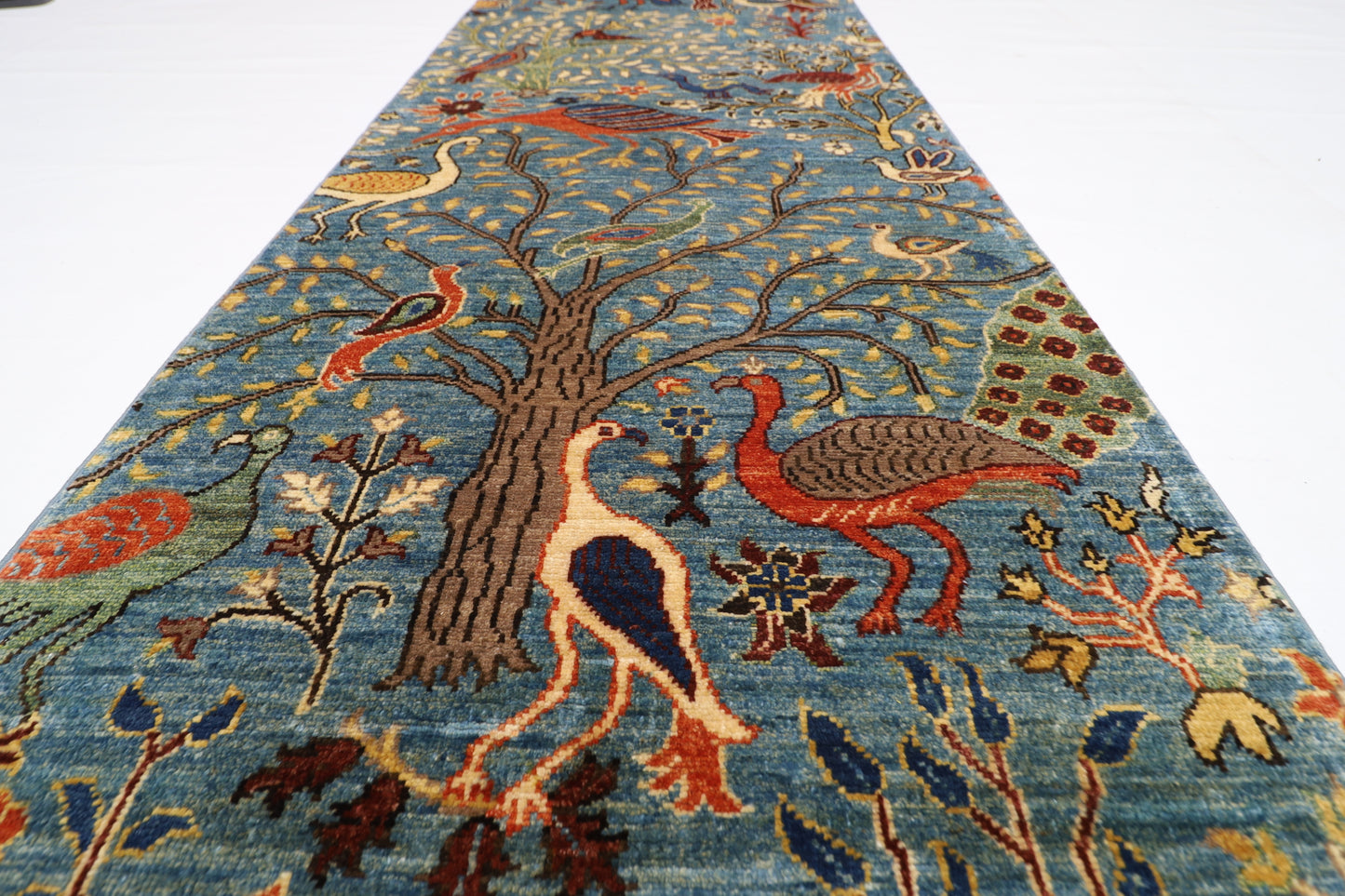 78 x 304 cm | Hallway birds Blue Rug Afghan Hand Knotted Veg dye Wool carpet