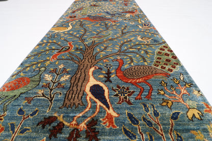 78 x 304 cm | Hallway birds Blue Rug Afghan Hand Knotted Veg dye Wool carpet