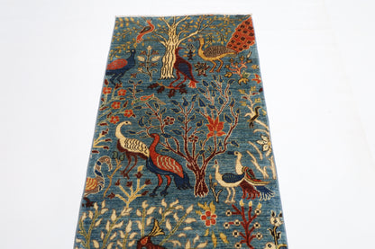 78 x 304 cm | Hallway birds Blue Rug Afghan Hand Knotted Veg dye Wool carpet