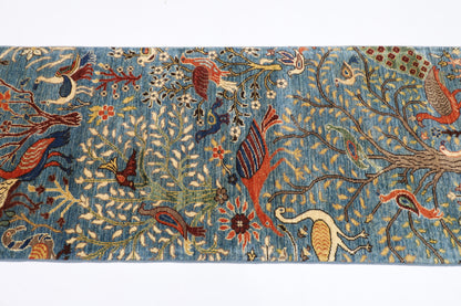78 x 304 cm | Hallway birds Blue Rug Afghan Hand Knotted Veg dye Wool carpet