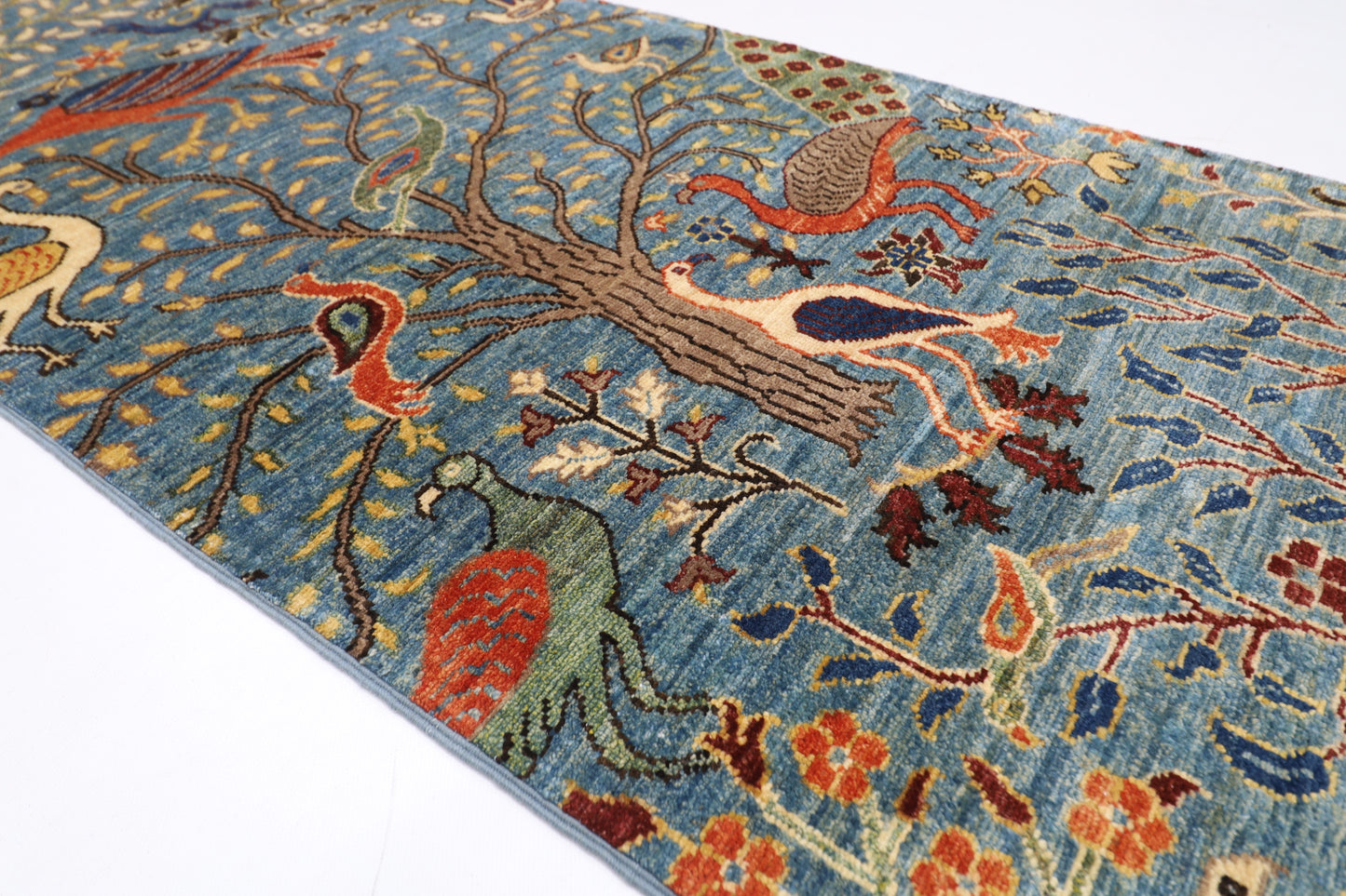 78 x 304 cm | Hallway birds Blue Rug Afghan Hand Knotted Veg dye Wool carpet