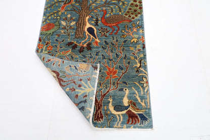 78 x 304 cm | Hallway birds Blue Rug Afghan Hand Knotted Veg dye Wool carpet