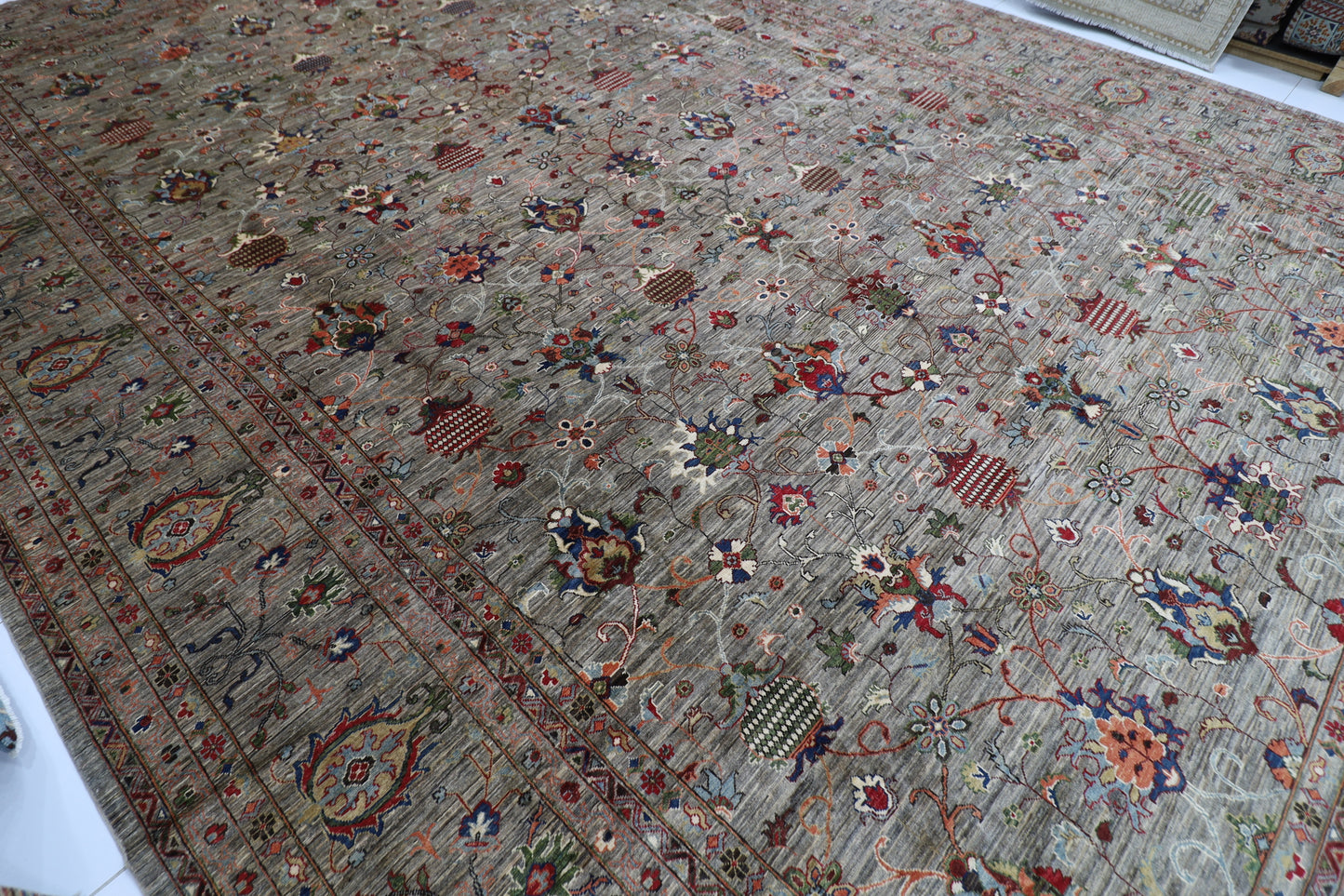 398 x 585 cm | Oriental Large Floral Gray Area Rug Afghan Hand Knotted Veg Dye Wool carpet