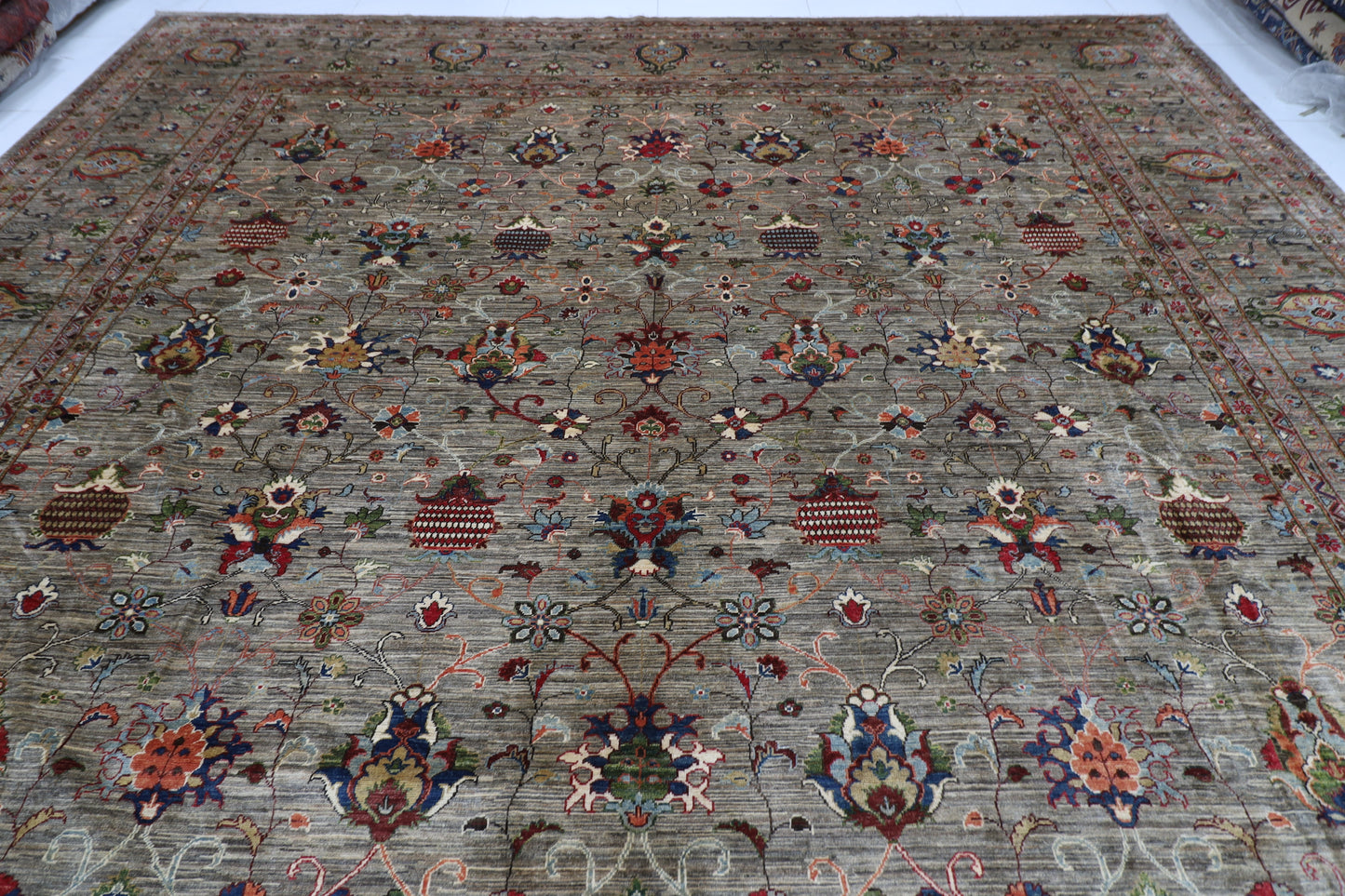 398 x 585 cm | Oriental Large Floral Gray Area Rug Afghan Hand Knotted Veg Dye Wool carpet