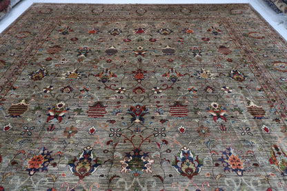 398 x 585 cm | Oriental Large Floral Gray Area Rug Afghan Hand Knotted Veg Dye Wool carpet