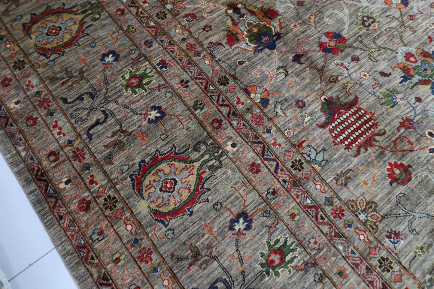 398 x 585 cm | Oriental Large Floral Gray Area Rug Afghan Hand Knotted Veg Dye Wool carpet
