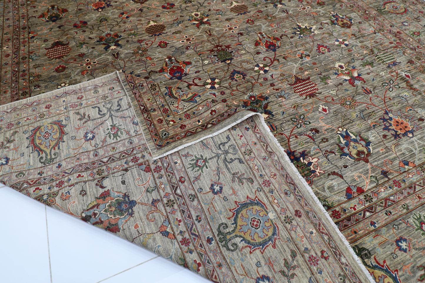 398 x 585 cm | Oriental Large Floral Gray Area Rug Afghan Hand Knotted Veg Dye Wool carpet