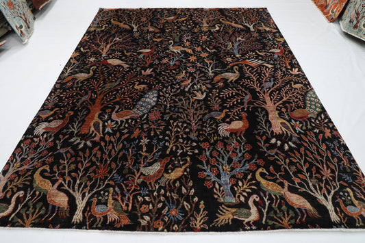 246 x 297 cm | Birds Black Traditional Area Rug Afghan Hand Knotted Veg Dye Wool carpet