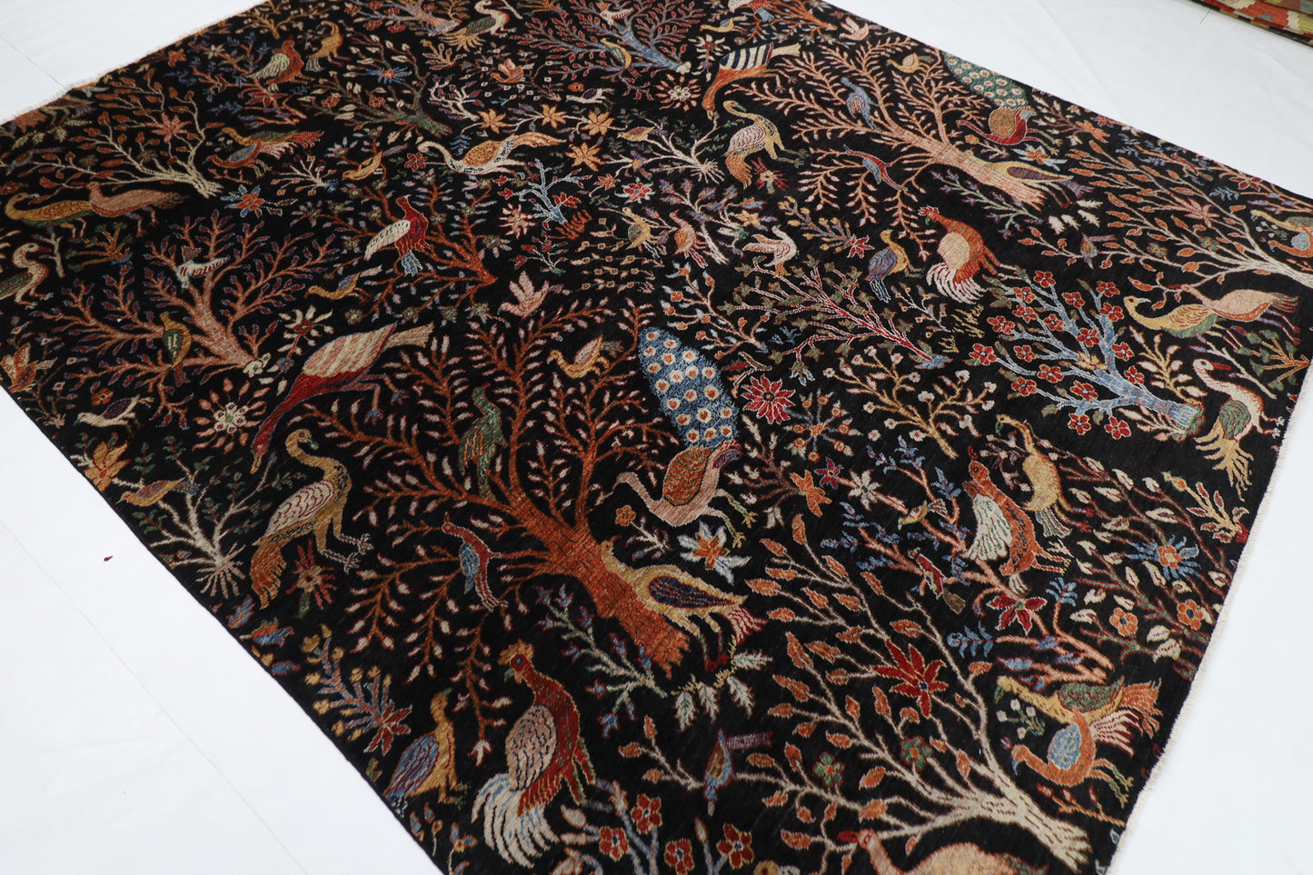 246 x 297 cm | Birds Black Traditional Area Rug Afghan Hand Knotted Veg Dye Wool carpet