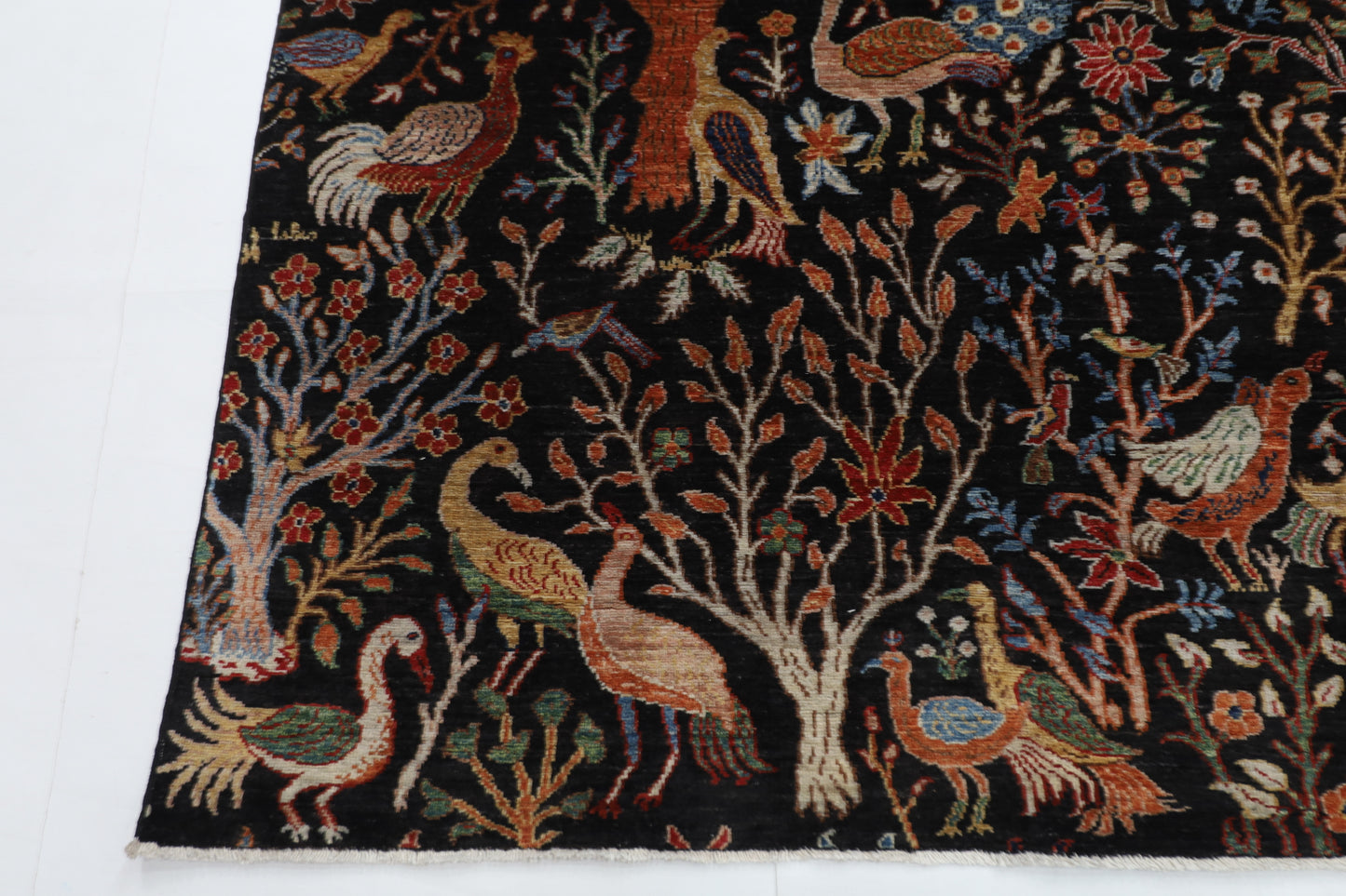 246 x 297 cm | Birds Black Traditional Area Rug Afghan Hand Knotted Veg Dye Wool carpet