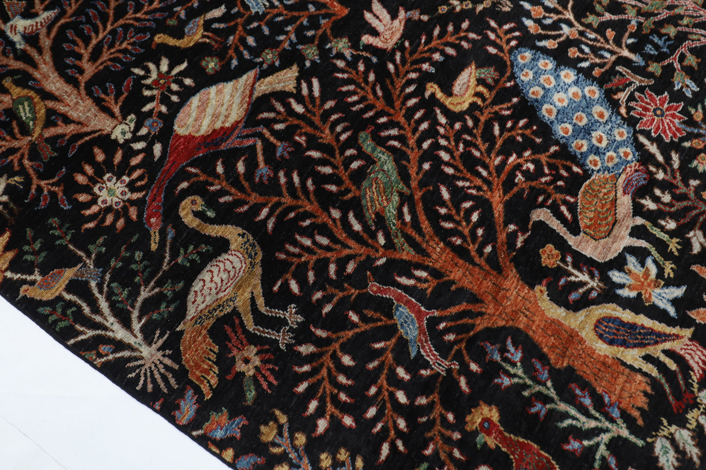 246 x 297 cm | Birds Black Traditional Area Rug Afghan Hand Knotted Veg Dye Wool carpet