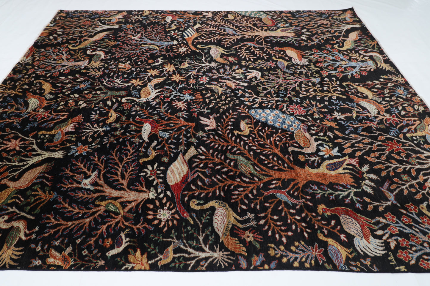 246 x 297 cm | Birds Black Traditional Area Rug Afghan Hand Knotted Veg Dye Wool carpet