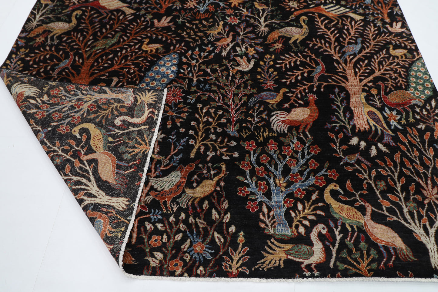246 x 297 cm | Birds Black Traditional Area Rug Afghan Hand Knotted Veg Dye Wool carpet