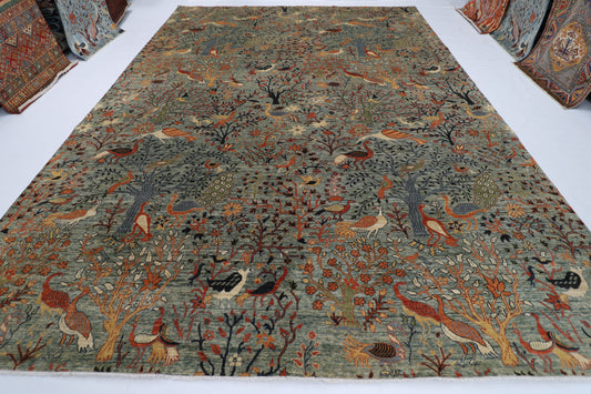296 x 418 cm | Birds Gray Large Area Rug Afghan Hand Knotted Veg Dye Wool carpet