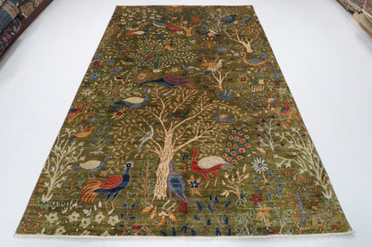 204 x 297 cm | Birds Green Hand Knotted Wool Afghan Carpet