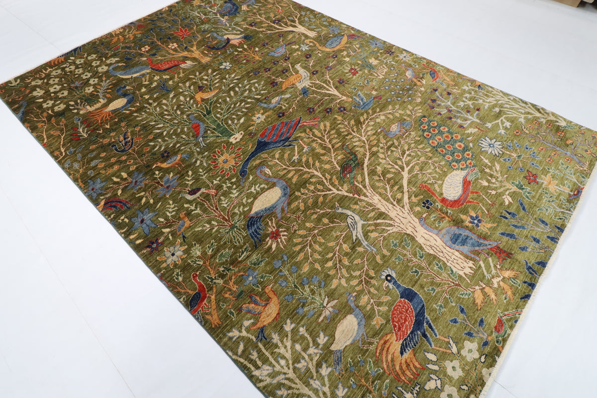 204 x 297 cm | Birds Green Hand Knotted Wool Afghan Carpet